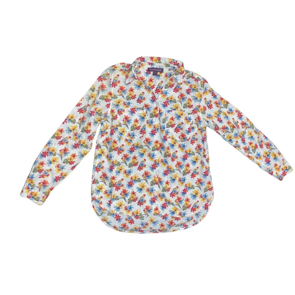 Gloria Vanderbilt Floral Parrot Novelty Long sleeve Shirt SZ M Tropical Boho